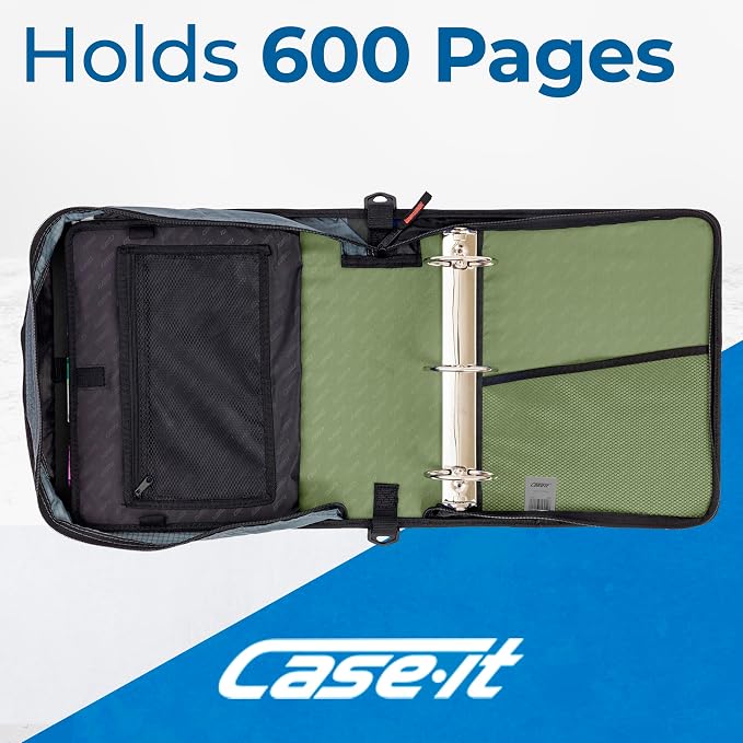 Case-it School Zipper Binder | 3-Inch O-Rings | 600-Sheet | D-146 Key Lime | Mighty Zip Tab, 5-Subject Expanding File Folder, Multiple Pockets, Storage Organizer, Shoulder Strap, Office