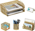 EasyPAG Desk Organizers and Accessories 5 Pieces Office Supplies Set - 2 Tier Paper Tray, Pencil Organizer for Desk, Mail Sorter Countertop, Business Card Holder and Sticky Note Holder, Gold