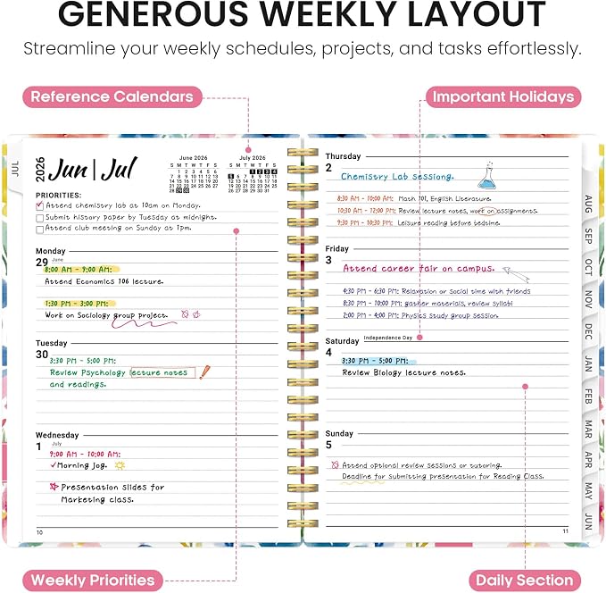 Taja Planner 2026-2027, Jul 2026-Jun 2027 Monthly & Weekly Calendar Planner | 6.3" x 8.5", Hardcover Academic Calendar, Teacher Student Agenda Book with Tabs, School Office Supplies, Bloom Floral