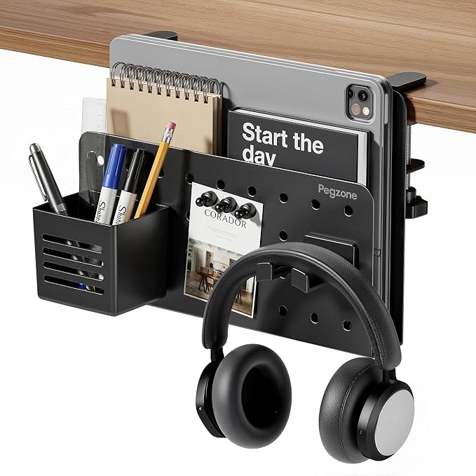 Under Desk Storage Organizer, Laptop Holder for 0.4"-2.2" Desk Edge, Black | Holds 22lbs, Clamp on Desk Organizer with Pegboard Design, Fits 0.4"-2.2" Desktop Edge