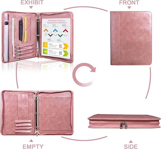 Rose Gold Padfolio,Vegan Leather Portfolio for Women,3-Ring Binder with Zipper, A4 Planner Binder with Laptop Pocket,Legal Size Portfolio,WorkBinder Organizer for Women and Girls