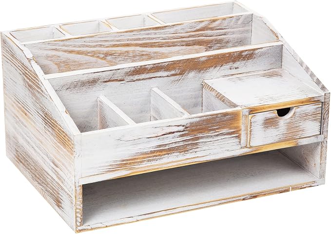 Wood Desk Drawer Organizers with File Organizer Pen holder Office Decor combo Organization Home Can Arrange calculators scissors pens note papers, etc. (washed white)