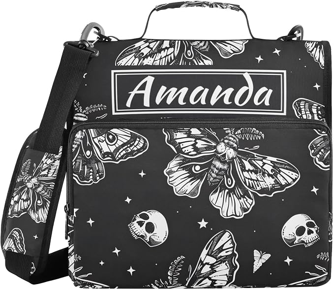 Custom 3 Ring Zipper Binder Skull Moon Moth Black Skeleton Personalized Name 1.5 inch Binders Large Capacity Multi Pockets for School Office Supplies