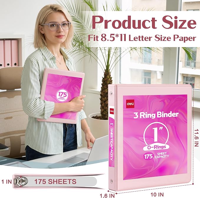 deli 1-inch 3 Ring Binder Pink,11" x 8.5" US Letter Size,2 Pack | 3 Ring Binder with 2 Interior Pockets, 175 Sheets Capacity, 1 inch Binders fits 11" x 8.5" US Letter Size