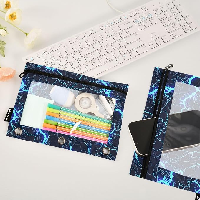 Dark Blue Electric Lightning Pencil Pouch for 3 Ring Binder, 2 Pack Waterproof Pencil Bags Clear Window Zipper School Office Supplies