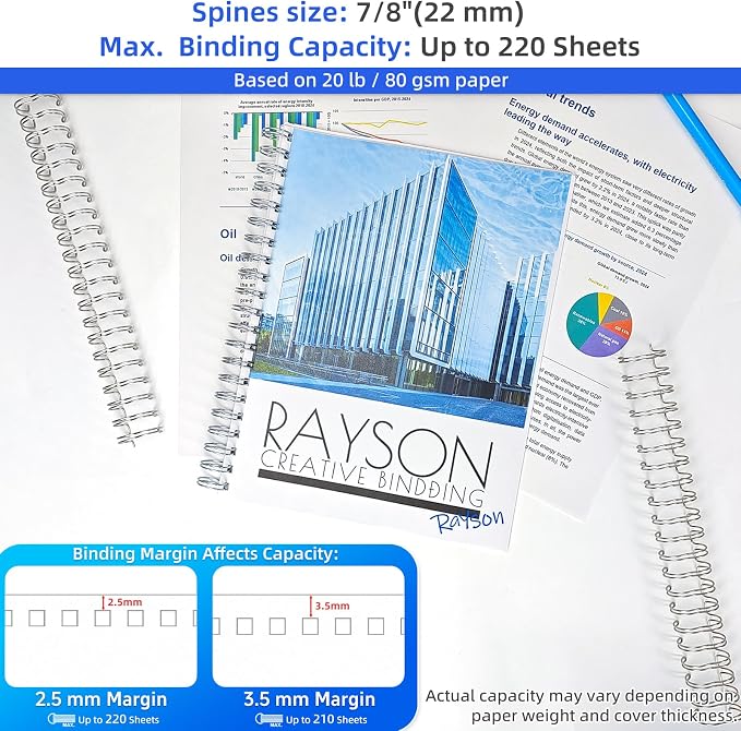 RAYSON 2:1 Wire Binding Spines 21 Loop, 7/8 Inch Silver, 220 Sheet, 50 Pack | 2:1 Pitch Binding Wire | Double Loop Wire Design | Binds Up to 220 Sheets | Letter Size Compatible | Smooth Page Turning