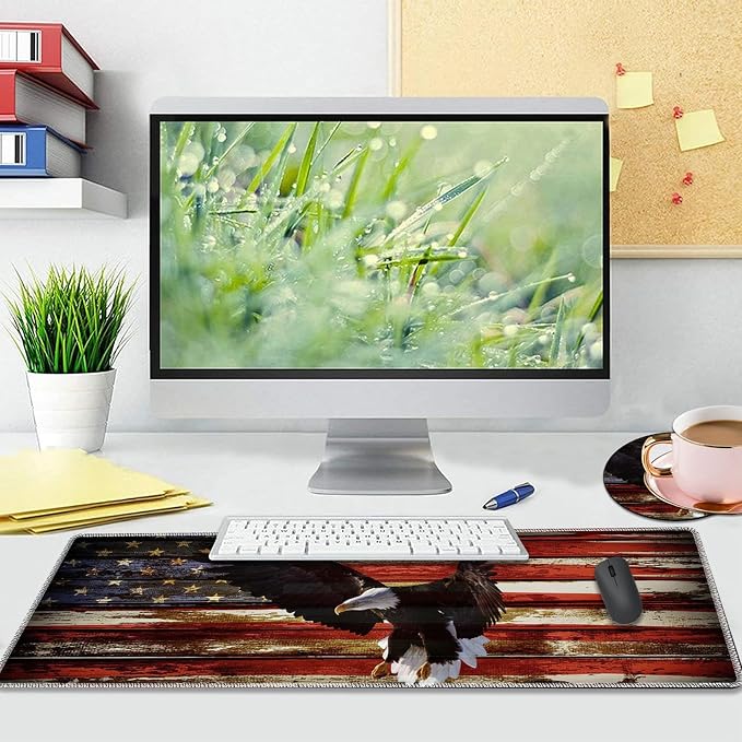 Desk mat Personality Pattern Large Protective Mat, Smooth Surface Soft Mousepad, Waterproof Non-Slip Desk Mat, 31.5x11.8 in Sewn Edge Office/Home Desk Mat, American Flag Art Bald Eagle