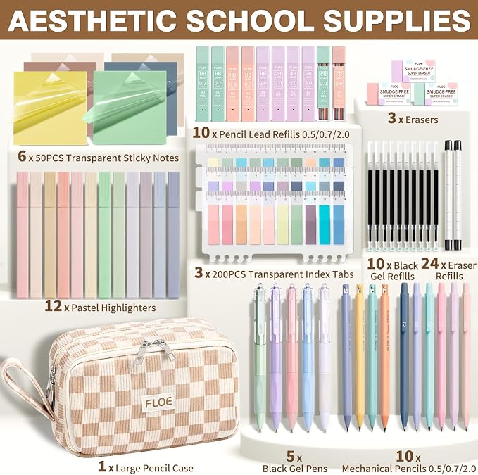 62PCS Aesthetic School Supplies Cute Back to School Supplies Stationary Set | College Preppy Essentials Kit with Large Pencil Pouch Case, Pastel Highlighters Gel Pens Mechanical Pencils for Student Girls