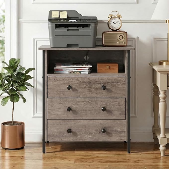 27 Inch LED Nightstand with Charging Station & 3 Drawers, Gray | RGB App Control, 2 AC Outlets & 2 USB Ports, Open Storage, Adjustable Feet, Wood Tall Nightstand for Bedroom or Office