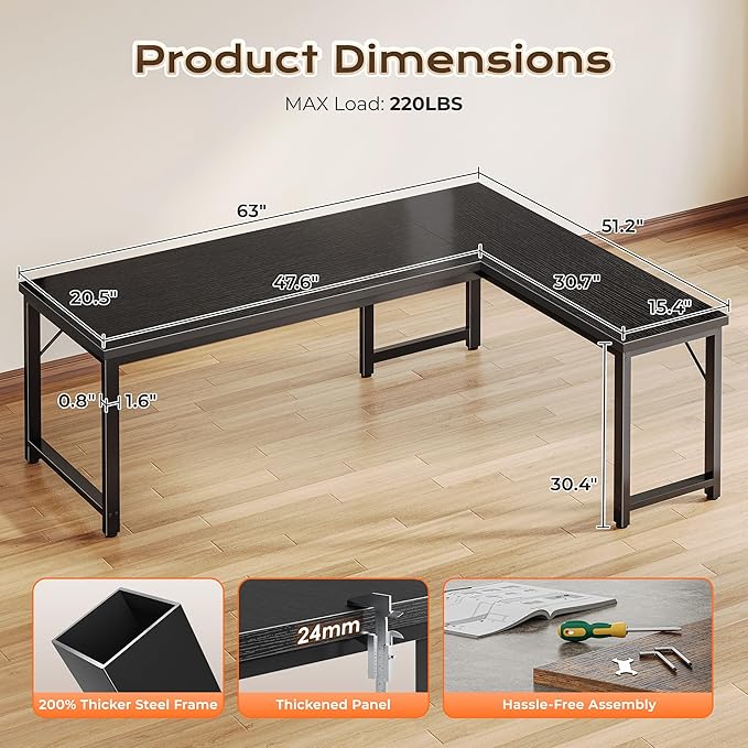 Huuger 63 Inch L Shaped Desk with 0.95 Inch Thicker Desktop | Reversible Computer Desk, Larger Corner Office Gaming Desk, Robust Metal Frame, for Home Office, Study, Black