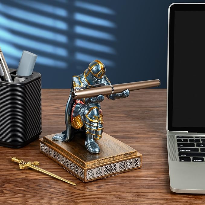 Medieval Knight Pen Holder with Sword, Kneeling King's Guard Warrior Pencil Stand Office Accessories Cool Fancy Desk Decor Gift for Men Dad Husband Boss Boyfriend Him- Leader Cloak Style