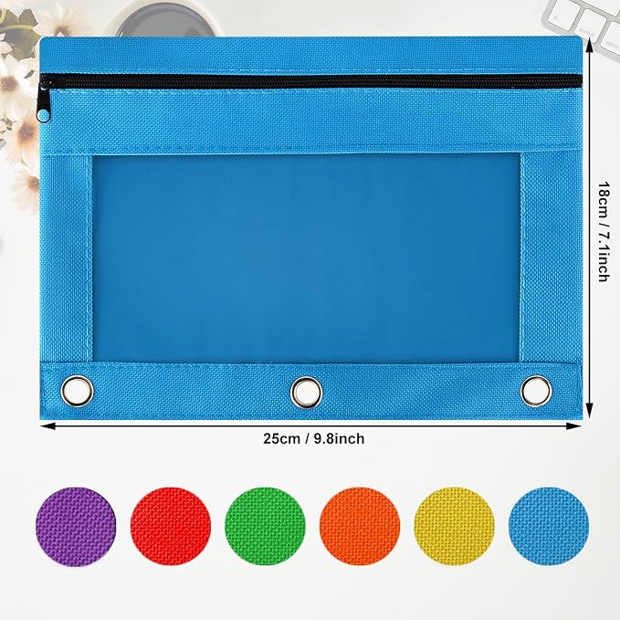 Pencil Pouch for 3 Ring Binder, 6 Pack Zipper Pencil Pouches in Assorted Colors, Durable Binder Pencil Case Bag for Office School College Supplies (6c-2601)