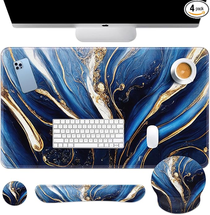 Keyboard Mouse Pad Set, 4 in 1 Desk Mat Set, Marble Blue | Gold Large Mousepad+Keyboard Wrist Rest+Mouse Wrist Rest+Coaster Ergonomic Design for Home Office Computer