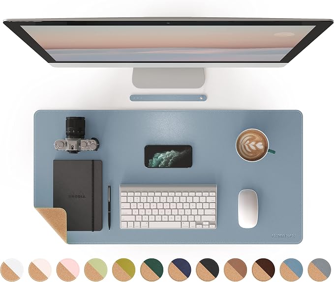 RENMTURE Dual-Sided Mouse Pad, Natural Cork & PU Leather Large Desk Pad for Office and Home Work, Desk Protector Non-Slip, Waterproof, Easy Clean (Blue Gray, 32"x16")