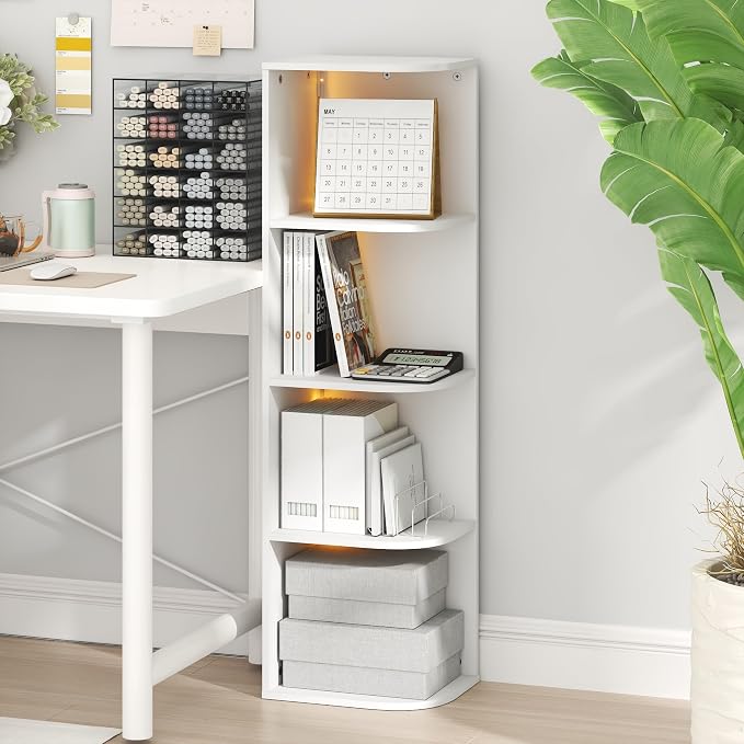 Furinno PASIR Book Shelf with LED Lights, 4-Tier Bookshelf, Open Corner Shelf Bookcase, 9.3 x 12 x 41.4, for Home Office, Living Room, Study Room, White