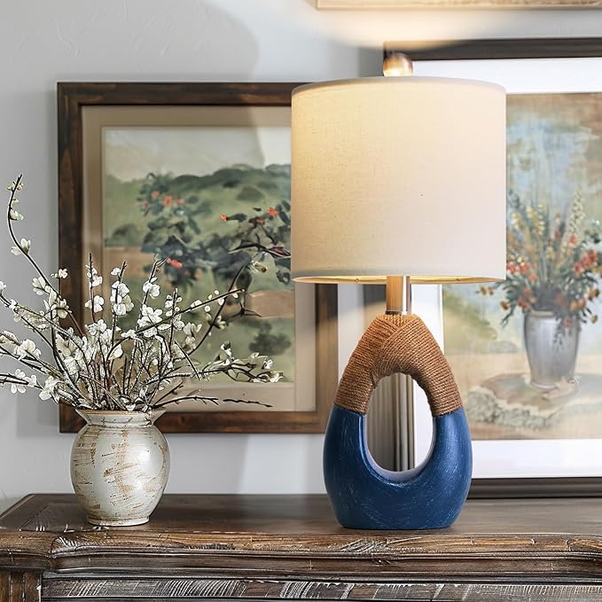 19" Table Lamp for Living Room,Boho Lamp for Bedroom, Bedside for Nightstands, Suitable for Small Space,Coastal Farmhouse, End Table, Rattan Nautical Beach Style, Blue,1 Pack