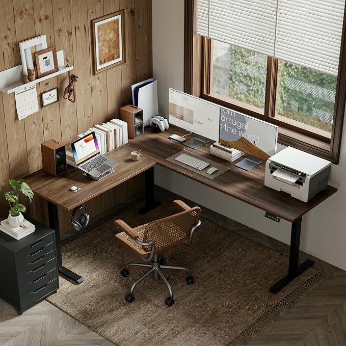 Agilestic 76 x 61 Inch L Shaped Electric Standing Desk, Dark Walnut | Corner Desk, Ample Workspace, Memory Presets, Hooks, Stable Steel Frame,176 lbs Capacity, Easy Assembly, Splice Board