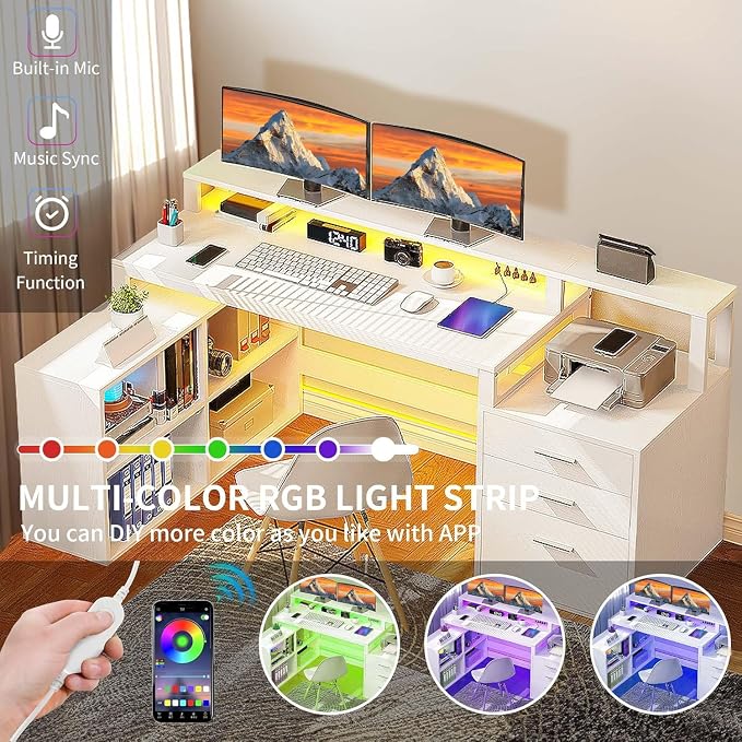 DWVO L Shaped Desk with Drawers | 65" Computer Desk with Power Outlets & LED Lights, Corner Home Office Desk with Storage Shelves & Printer Stand, White