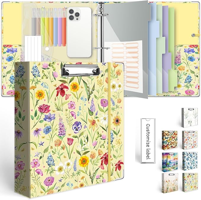 3 Ring Binder 2 Inch, Three Ring Binders Organizer with Clipboard, 5-Tabs Pockets Dividers, Plastic Folder, 18 Divider Stikers, KLLVE Cute Binder with Pen Loop (Garden Party, Letter Size)