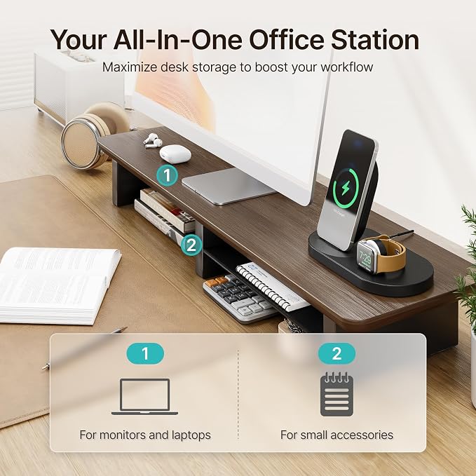 31.5" Dual Monitor Riser, Metal Shelf Wooden Desk Organizer | Walnut Wooden Desk Shelf for 2 Monitors/TV,Monitor Stand Riser for Desk, Wood Monitor Stand Organizer for Home Office