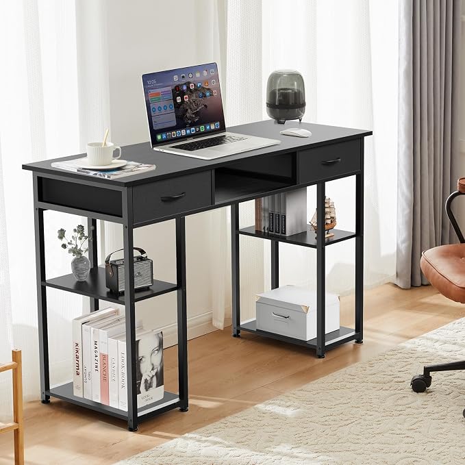 DUMOS 48-Inch Computer Desk with Drawers and Hook, Black | Home Office Desk for Bedroom, Gaming Writing Study Desk with Adjustable Feet