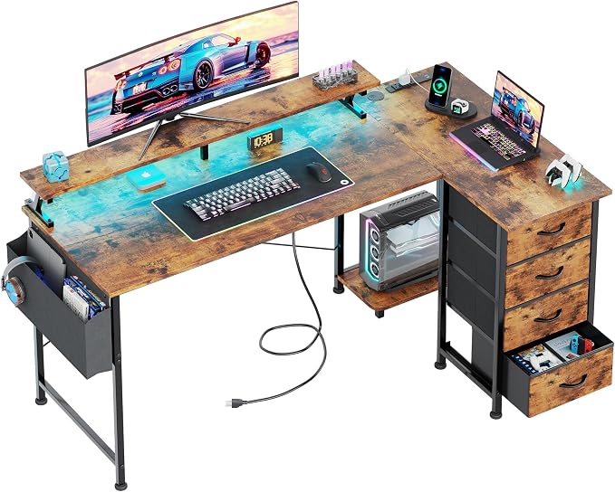 VERMESS 63" Reversible L Shaped Gaming Computer Desk, Corner Desk with Power Outlets & Monitor Stand, Writing Study Table with 4 Storage Drawers, Desk with LED Lights, Rustic Brown