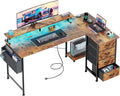 VERMESS 63" Reversible L Shaped Gaming Computer Desk, Corner Desk with Power Outlets & Monitor Stand, Writing Study Table with 4 Storage Drawers, Desk with LED Lights, Rustic Brown