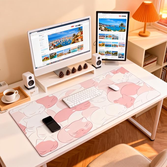 Cute Anime White Cat Gaming Mouse Pad, White Pink Minimalist Desk Mat with Anti-Slip Base & Stitched Edges, Office Supplies & Desk Decor for Women, 35.4" x 15.7" in Home Office Essentials