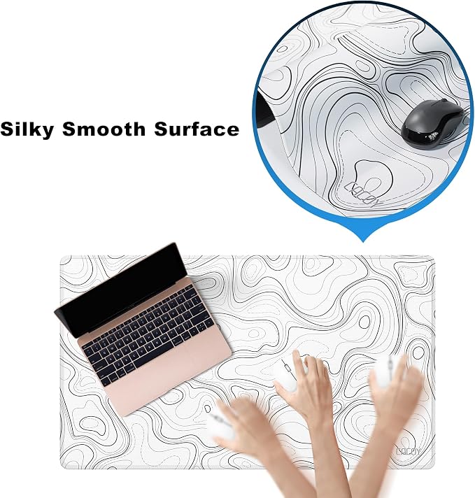 Cacoy 36"x20" Topographic Gaming Mouse Pad XXL, Extended Computer Desk Mat | White Topographic Contour Line Large Desk Pad for Keyboard and Mouse with Non-Slip Rubber Base Stitched Edges for Office Home