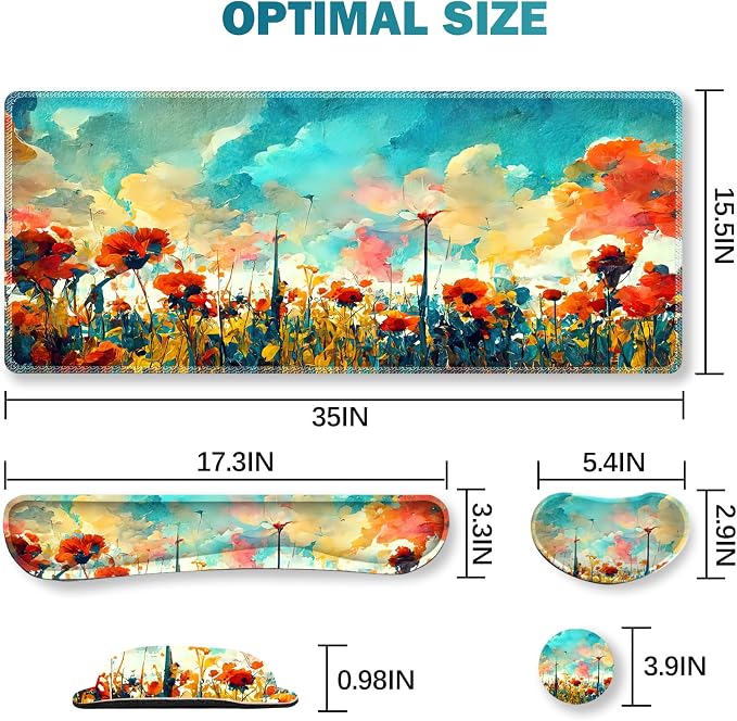 Gaming Mouse Pad Wrist Support Set, XXL Large Desk Mat Mousepad + Keyboard Wrist Support+ Mouse Wrist Rest+Coaster 4in1 Ergonomic, Stitched Edge for Home Office -Oil Painting Flowers Plants