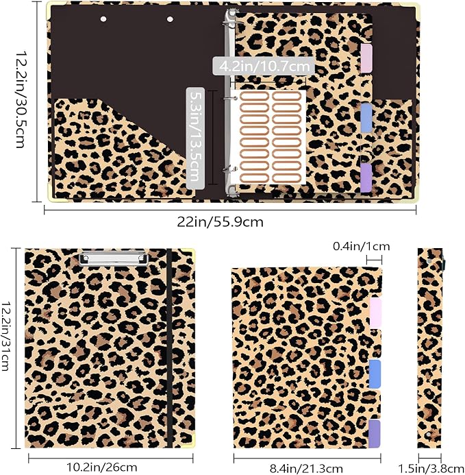 3 Ring Binder 1 Inch Round Ring Binder with 6 Tab Dividers，2 Interior Pockets，Cute Binder Clipboard with Storage, for School Office, Portfolio(Cheetah Spots)