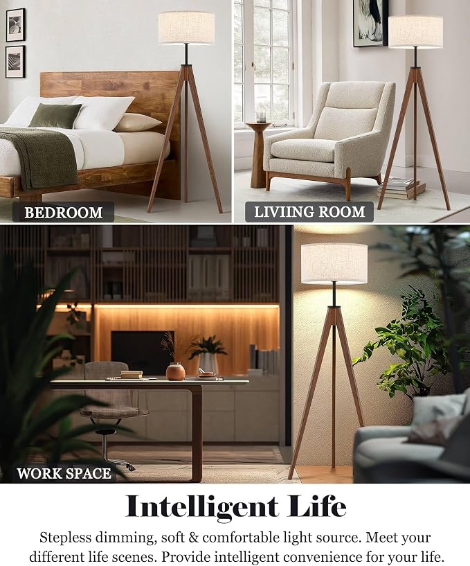 ELYONA Ash Wood Tripod Floor Lamp Stepless Dimmer & Color Temperature, Remote Control Mid Century Modern Coner Standing Lamp Linen Shade for Living Room Bedroom Office, LED Bulb Included, Walnut