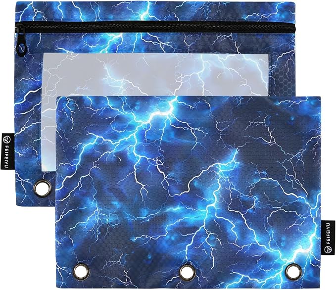 Blue Electric Lightning Pencil Pouch for 3 Ring Binder, 2 Pack Waterproof Pencil Bags Clear Window Pencil Case Zipper School Office Supplies