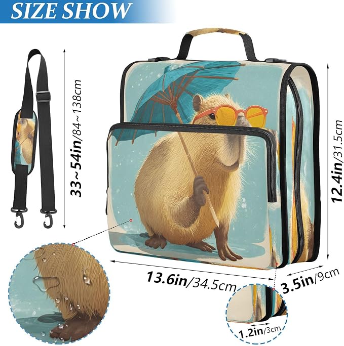 ALAZA Zipper Binder 3 Ring Cartoon Capybara Binder Organizer with Zipper and Shoulder Strap Large Capacity Multi-Pocket Trapper Keeper File Folder for Office Supplies