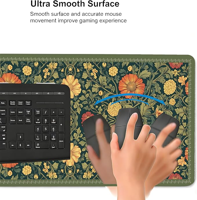 Cute Floral Aesthetic Daisy Gaming Mouse Pad, Dark Green Rug Desk Mat with Anti-Slip Base & Stitched Edges,35.4" x 15.7" in Desk Accessories for Women, Home Office Decor & Artistic Gift