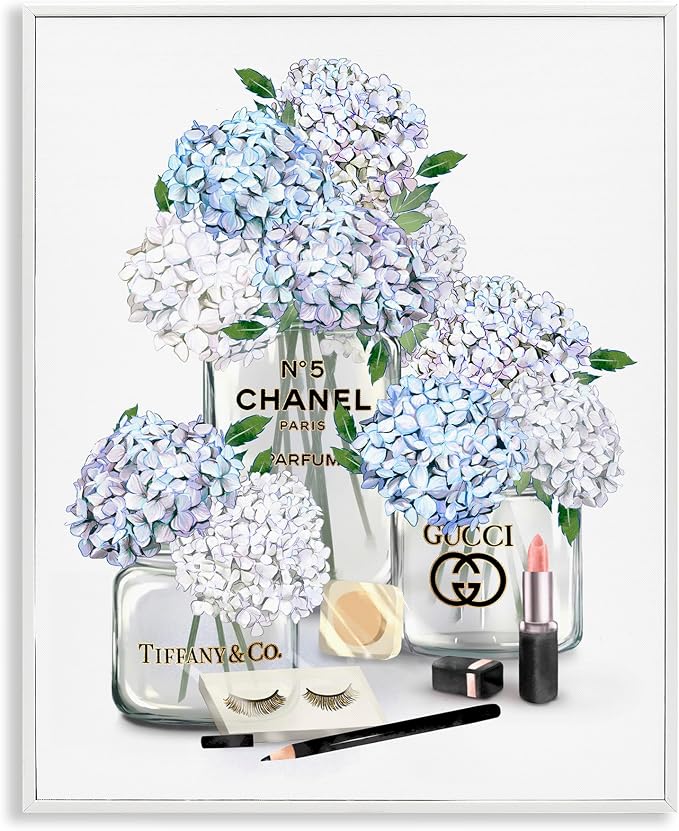 Stupell Industries Glam White Blue Hydrangeaser Perfume Bottles Lipstick Illustration,Design by Ziwei Li, 16 x 20 | Stupell Industries · By Ziwei Li · Ready to hang · Chic gift for bedroom or dressing room · Made in USA