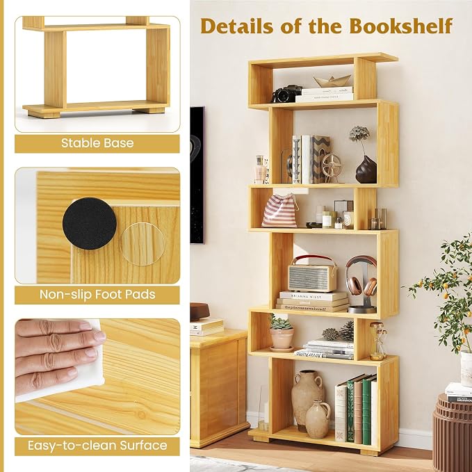 Tangkula 6-Tier S-Shaped Bookshelf, 64" Freestanding Geometric Bookcase, Home Office Wood Storage Shelf with Anti-Toppling Device, Room Divider Display Rack for Study, Living Room (2, Burlywood)