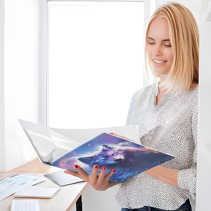 Galaxy Wolf Moon Round Ring Binders 1.5 Inch Space Planet Stars Purple 3 Ring Clipboard Binder for Office School Work Supplies File Folder Document 200 Sheet Capacity Easy Open