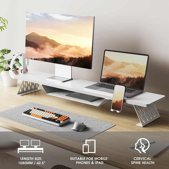 Fenge Dual Monitor Stand, Wooden Desk Shelf with Headphone & Phone Holder | 42.5" Monitor Riser with Storage Shelf, 2-Tier Monitor Shelf with Metal Leg for Home Office Organizer, White