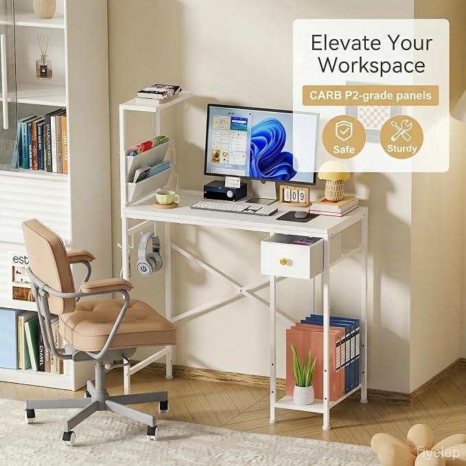 Jakyitvi 33.7" Computer Desk with Power Outlets, LED Lights & Drawer, Small Office Desk with Storage Bag & Hooks, Gaming Desk for Bedrooms or Home Office, Compact Study Desk for Small Spaces，White