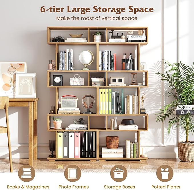 Tangkula 6-Tier S-Shaped Bookshelf, 64" Freestanding Geometric Bookcase, Home Office Wood Storage Shelf with Anti-Toppling Device, Room Divider Display Rack for Study, Living Room (1, Natural)
