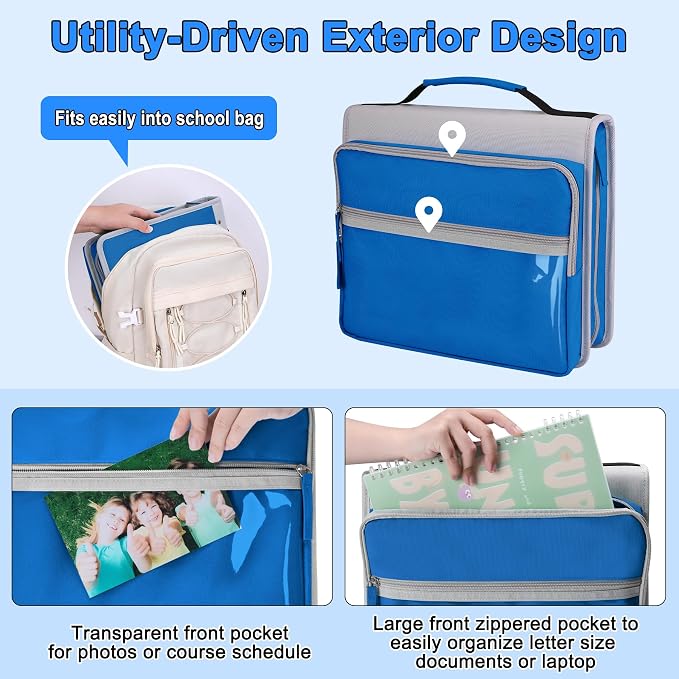 Ndsox Zipper Binder 3 Ring with Handle, 2 Inch O-Ring Document Organizer Middle School Binder with Zipper for Students, 5-Tab Expanding File Folder & 2 Mesh Pouches, DIY Clear Front Pocket, Blue