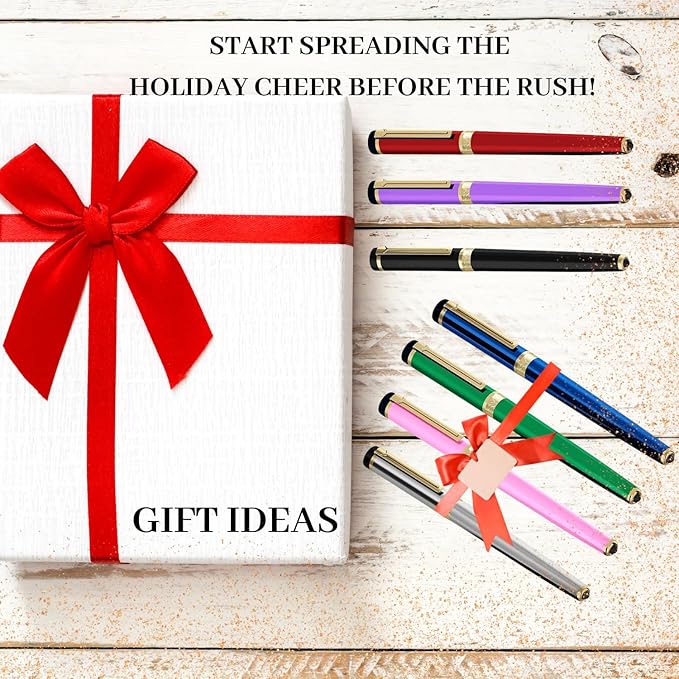 Dryden Designs Fountain Pen - Medium and Fine Nibs - Metallic Silver - Includes 24 Ink Cartridges - 12 Black and 12 Blue.