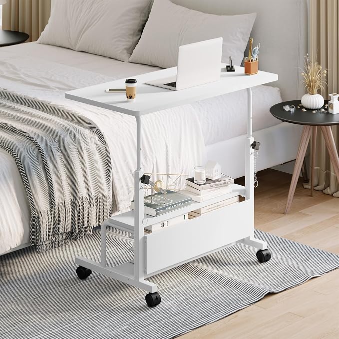 DUMOS Rolling Desk, Storage Shelves, Laptop Table, Home Office | Height Adjustable Design, Computer Desks on Wheels, Portable for Small Spaces Use, White
