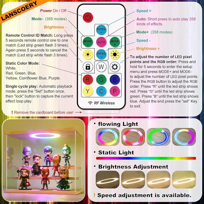 LANSCOERY Acrylic Display Case with RGBW Lights, 3 Tier Wood Finish | 11.8 x 6.3 x 9.4 in case displays small figures on desks or shelves with tiered rows and front access.