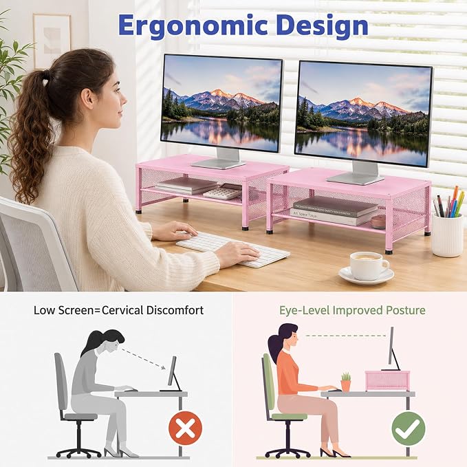 2-Tier Computer Monitor Stand Riser, Laptop Stand for Desk, Desk Organizer for Office, Home and School Supplies, Pink