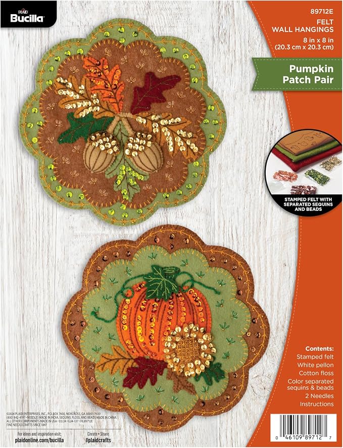 Bucilla, Felt Applique 2 Piece Wall Hanging Kit, Pumpkin Patch Pair, Perfect for Holiday DIY Arts and Crafts Projects, 89712E