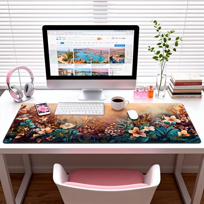 Floral Aesthetic Azalea Gaming Mouse Pad, Earth Tone Dreamy Desk Mat with Anti-Slip Base & Stitched Edges, Office Supplies & Desk Decor for Women, 35.4" x 15.7" in Home Office Essentials