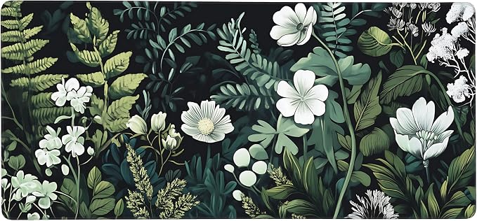 Floral Aesthetic Wildflower Gaming Mouse Pad, Forest Green Moody Forest Desk Mat with Anti-Slip Base & Stitched Edges,35.4" x 15.7" in Table Mat for Computer Desktop, Beautiful Workstation Decor