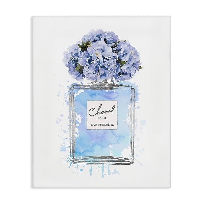 Blue Flowers Perfume Bottle Glam, 36 x 48 Inch Canvas Wall Art | Stupell Industries · By Amanda Greenwood · Ready to hang · Chic fashion inspired decor for living room or bedroom